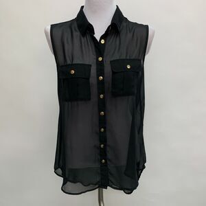 Cotton On Women's Top Small Black Sheer Sleeveless Button Down Collared